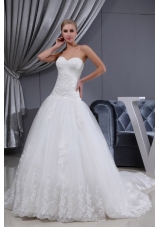 Lace Ruching Sweetheart A-line Chapel Train Wedding Dress