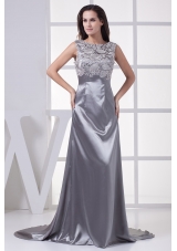 Lace Scoop Grey Column Brush Train Prom Dress