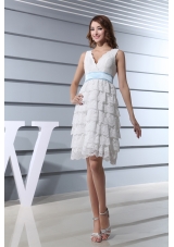 Lace V-neck Ruffled Layers Knee-length Wedding Dress
