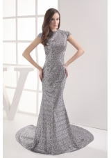 Mermaid Cap Sleeves Scoop Gray Sequin Prom Dress