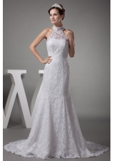 Mermaid Halter Top Lace Court Train Wedding Dress