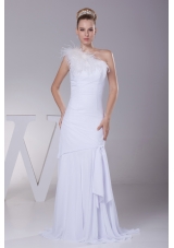 One Shoulder Chiffon Mermaid Feather Brush Train Wedding Dress