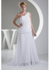 One Shoulder Pleats Brush Train A-line Wedding Dress