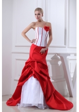 Pick-ups Mermaid Strapless Hand Made Flower Court Train Red Wedding Dress