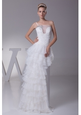 Ruffled Layers One Shoulder long Column Wedding Dress