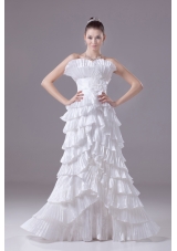 Ruffles and Pleat Strapless Column White long Wedding Dress