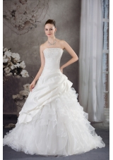 Ruffles Beading Strapless Brush Train Weding Dress