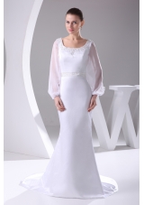 Scoop Long Sleeves Beading Brush Train Wedding Dress