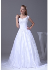 V-neck Caps Sleeves Lace Court Train A-line Wedding Dress