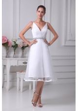 V-neck Knee-length Beading A-line Wedding Dress