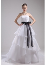 A-Line Sash Strapless Court Train Cheap Wedding Dress