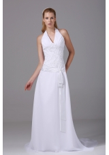 Halter Top Column Chiffon Appliques And Ruch Wedding Dress