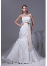 Lace Sash Strapless Mermaid Court Train Wedding Dress