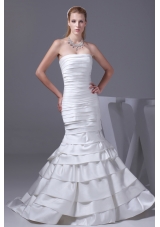 Mermaid Strapless Ruffled Layers Satin Wedding Dress