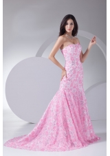 Court Train Special Floral Embossed Fabric Prom Dress in Pink