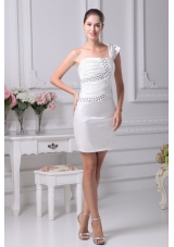 Cream Colored Beaded Ruched Short One Shoulder Prom Dress