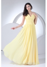 Empire V-neck Floor-length Ruched Yellow Chiffon Prom Dress