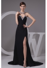 Jewelry Halter Sweep Train Sheath Prom Gowns with Silt on The Side