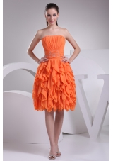 Beautiful Orange Ruched Strapless Knee-length Prom Dress with Ruffles