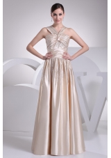 Floor-length V-neck Prom Gowns with Ruching and Beading