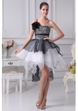 Black and White Single Flower Strap Prom Dress with Ruffles and Sequins