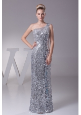 Silver Sheath Sequin Single Shoulder Prom Gowns For Beauties