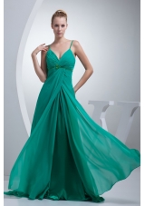 Beading and Ruches Accent Turquoise Prom Evening Dress with Straps