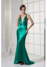 Green Brush Train Backless Prom Evening Dress with Plunging Neckline
