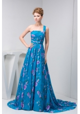 One Shoulder Ruched Prom Holiday Dress with Colorful Print