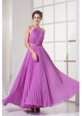 Pleating Decorated Halter Top Ankle-length  Prom Dresses with Sash