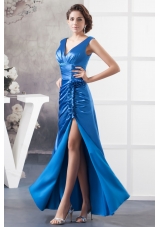 Royal Blue V-neck Floor-length Prom Celebrity Dress High Slit