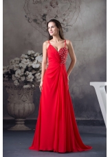 Column Sweep Train Red Prom Dress with Beading for Party