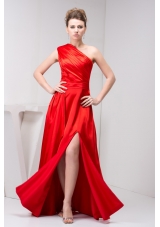 Low Price One Shoulder Red Slitted Ruched Prom Dress Floor-length