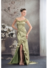 Off-the-shoulder Olivaceous High-low Flounced Prom Formal Dress