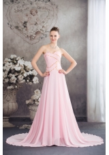 Sweetheart Court Train Pink Chiffon Prom Celebrity Dress with Beading