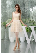 Beautiful A-line Satin Tulle V-neck Knee-length Champagne Prom Dress