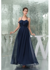 Column Navy Blue Ankle-length Halter Top Ruched Prom Dress for Ladies