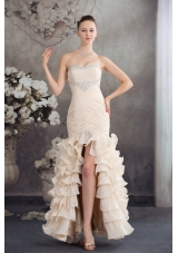 Champagne High Slit Prom Holiday Dress with Beading and Ruffled Layers