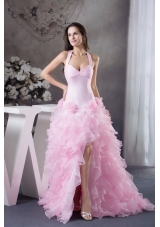 Light Pink Halter Top Ruffles Hand Made Flowers Prom Dress