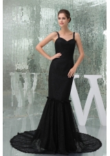 Mermaid Brush Train Spaghetti Straps Black Lace Prom Dress