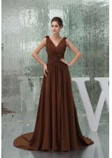 Ruches and Flowers Accent Brown Prom Dress with Court Train