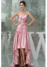 Taffeta Spaghetti Straps Ruched High-low Pink Prom Dress Column