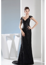 V-neck Beaded Black Lace Column Prom Dress with Brush Train