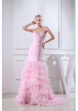 Baby Pink Brush Train Sweetheart Beaded Prom Dress with Ruffle