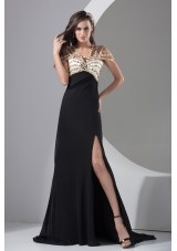 Beading and High Slit Decorated Brush Train Prom Dress with Cool Neckline