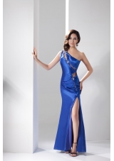 Beading Cool Back One Shoulder Prom Dress in Blue with Cutouts