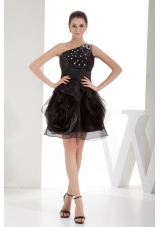 Black One Shoulder Beaded Ruffles Short Prom Dress