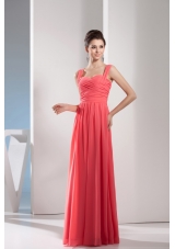 Elegant Watermelon Red Straps Floor-length Prom Gown with Ruching