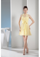 Halter Top Mini-length Light Yellow Prom Gown with Lovely Bowknot