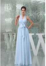 Light Blue Halter Ruches Sash Long Prom Gown Dress